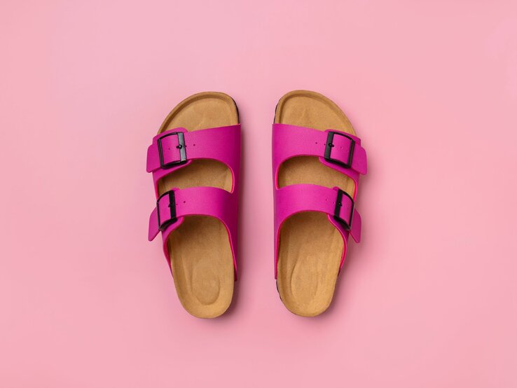 Magentafarbene Birkenstock-Sandalen mit Schnallen auf hellrosa Hintergrund, moderne Sommerschuhe.