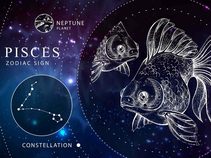 Das Sternzeichen Fische als weiße Grafik vor dunkelblauem Hintergrund, der an das Universum erinnert. Daneben ebenfalls gezeichnet der Planetenherrscher Neptun und das Sternbild Fisch.