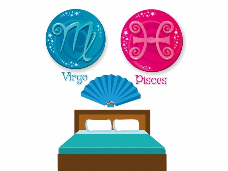 Grafik von einem Bett, darüber schweben die astrologischen Symbole der Sternzeichen Jungfrau und Fische. | © Getty Images [M]