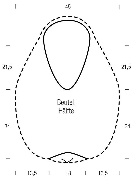 Schnittzeichnung für die Hälfte eines Beutels. Es handelt sich um eine schlichte, birnenförmige Umrisszeichnung, die mit Maßangaben versehen ist. | © Schachenmayr, Lana Grossa