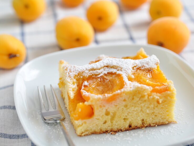 Schmeckt genauso gut wie in der österreichischen Wachau: Unser fluffiger Aprikosen-Marzipan-Kuchen. Ein Teller mit einem Stück fluffiger Aprikosen-Marzipan-Kuchen steht auf einen Handtuch. Daneeben liegen viele Aprikosen, beziehungsweise marillen.