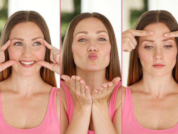 Eine dreiteilige Bildcollage einer Frau in einem pinken Tanktop, die verschiedene Gesichtsyoga-Übungen durchführt. Im ersten Bild lacht sie mit den Zeigefingern unter ihren Augen, im zweiten bildet sie einen Kussmund mit den Händen unter dem Kinn, und im dritten Bild legt sie ihre Zeigefinger auf die Stirn und sieht ernst. Die Übungen sollen zur Entspannung der Gesichtsmuskulatur beitragen und das Erscheinungsbild der Haut verbessern. | © Nick Corvetti (3) Collage BILD der FRAU