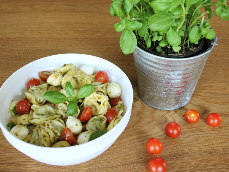 Eine weiße Schüssel gefüllt mit italienischem Tortellinisalat mit Pesto.