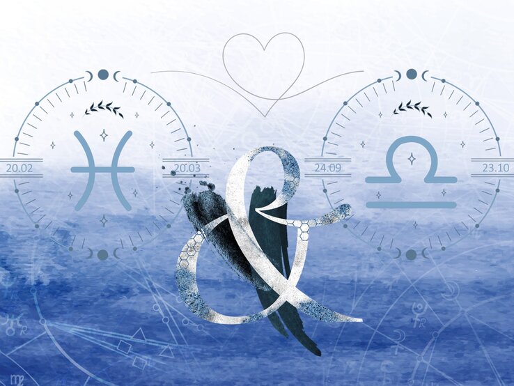 Die astrologischen Symbole des Sternzeichens Fische und Waage vor einer blauen Aquarellzeichnung.