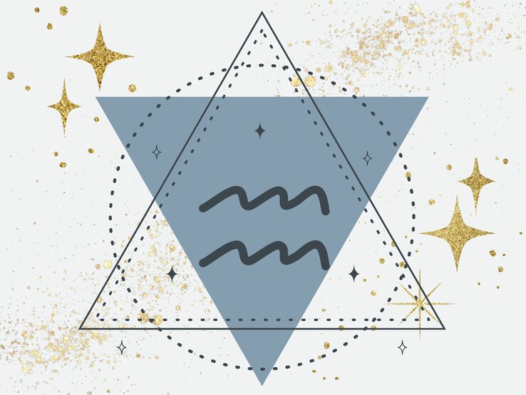 Das astrologische Symbol für das Sternzeichen Wassermann vor einem dunkelgrauen Dreieck, dessen Spitze nach unten zeigt, umgeben von goldenen Sternen. | © Keronyart's Images/ Be keronyart, Anastezia Luneva und Ourevent.id/ rntyass via Canva.com [M]