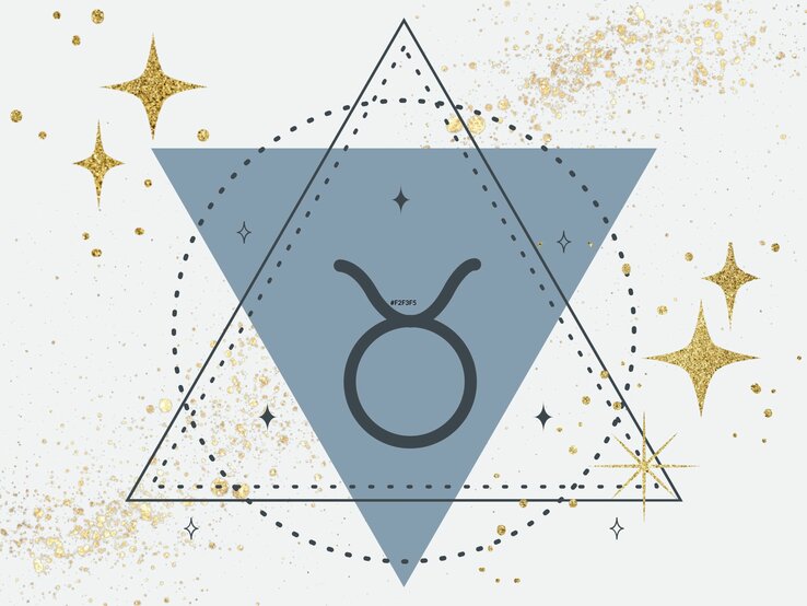 Das astrologische Symbol für das Sternzeichen Stier vor einem dunkelgrauen Dreieck, dessen Spitze nach unten zeigt, umgeben von goldenen Sternen. | © Keronyart's Images/ Be keronyart, Anastezia Luneva und Ourevent.id/ rntyass via Canva.com [M]