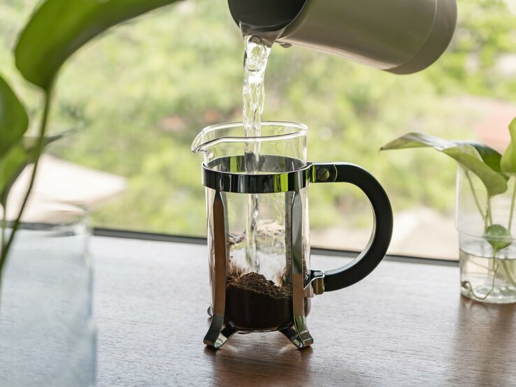 Wasser wird aus einem grauen Kessel in eine French Press mit Kaffee gegossen, neben grünen Pflanzen.