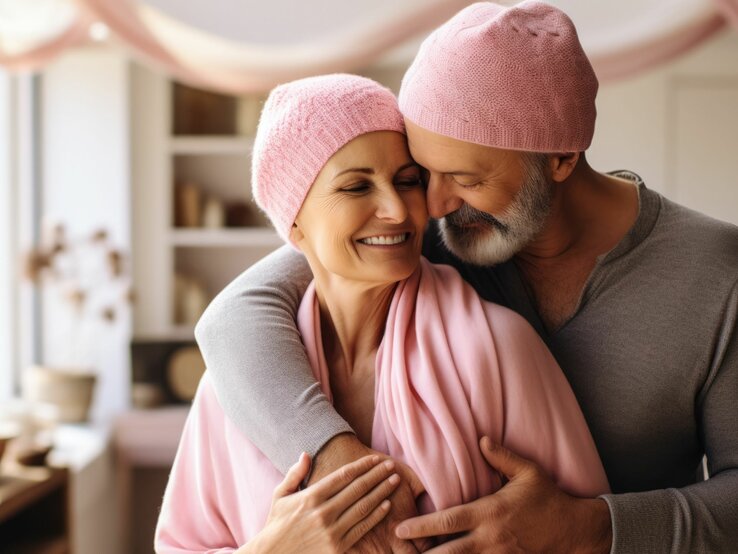 Glückliches Paar mittleren Alters in rosa Kopfbedeckungen teilt einen innigen Moment.