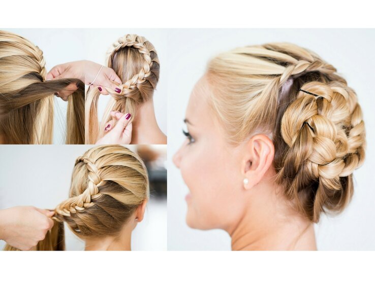 Collage und Anleitung einer Frisur mit geflochtenen Dutt für langes Haar | © iStock / Alter_photo
