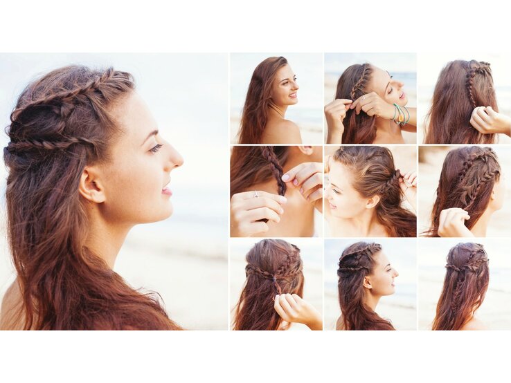 Collage und Anleitung einer geflochtenen Frisur im griechischen Style für langes Haar | © iStock / LiudmylaSupynska