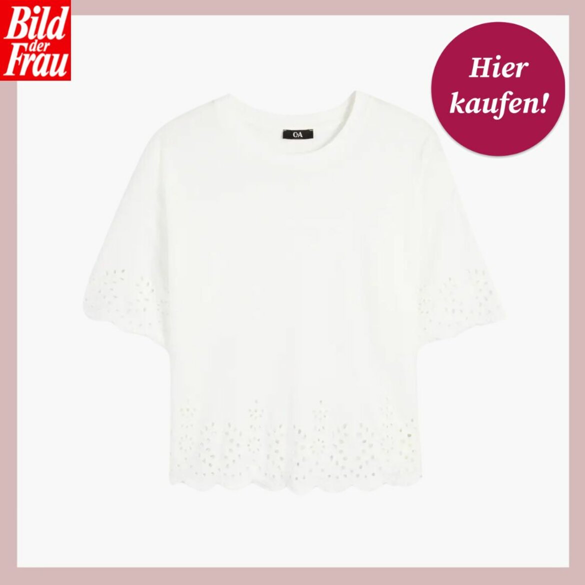 Schlichtes weißes T-Shirt mit Lochstickerei am Saum, präsentiert von "Bild der Frau". | © C&A