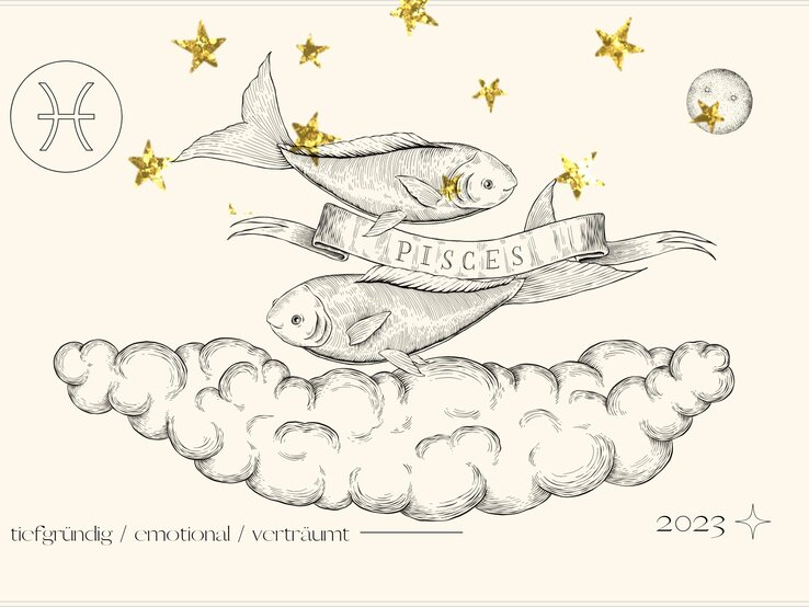 Jahreshoroskop Fische: Astrologisches Symbol des Sternzeichens Fische vor pastellgelbem Hintergrund.
