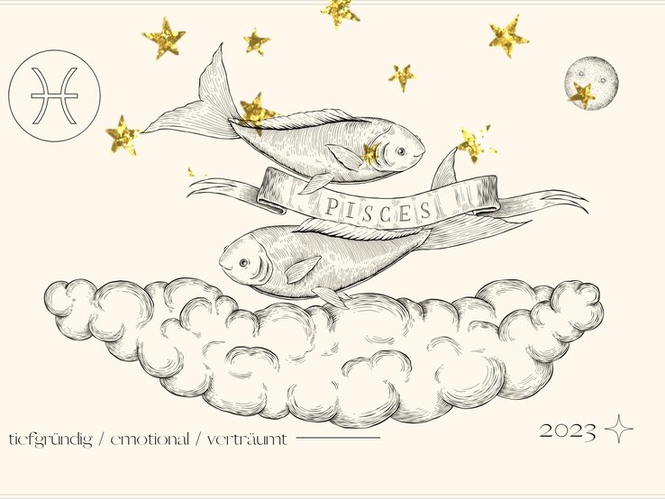 jahreshoroskop_sternzeichen_fische.jpg Jahreshoroskop Fische: Astrologisches Symbol des Sternzeichens Fische vor pastellgelbem Hintergrund.