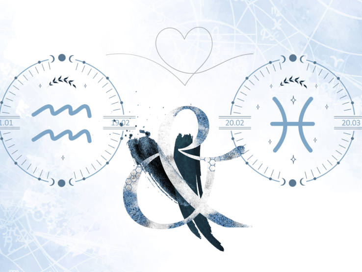 Die astrologischen Symbole der Sternzeichen Wassermann und Fische vor einer hellblauen Aquarellzeichnung.