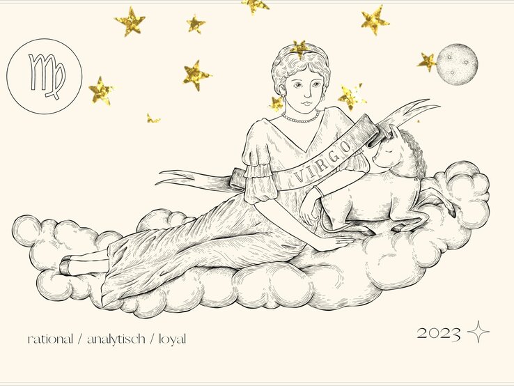 Jahreshoroskop Jungfrau: Astrologisches Symbol des Sternzeichens Jungfrau vor pastellgelbem Hintergrund.