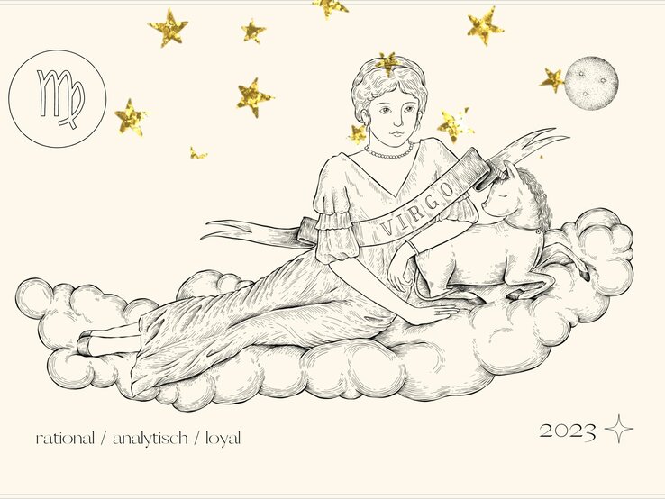 jahreshoroskop_sternzeichen_jungfrau.jpg Jahreshoroskop Jungfrau: Astrologisches Symbol des Sternzeichens Jungfrau vor pastellgelbem Hintergrund.