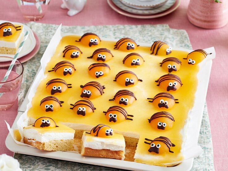 Auf einem Kuchenblech ist ein Käfer-Kuchen angerichtet. Er ist mit kleinen Käfern aus Aprikosen verziert.