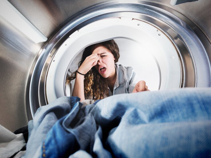 Eine Frau will stinkende Wäsche aus der Waschmaschine holen. Sie hält sich die Nase zu.