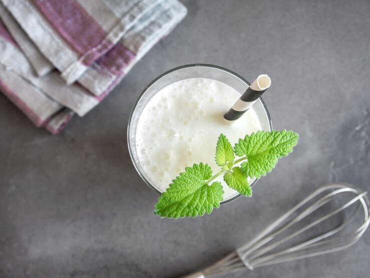  Das Bild zeigt ein Glas Ayran, ein traditionelles türkisches Joghurtgetränk, garniert mit einem frischen Zweig grüner Minze. Es ist von oben aufgenommen, wobei der Fokus auf dem cremigen Getränk liegt. Ein gestreiftes Geschirrtuch und ein Schneebesen liegen auf einer grauen Arbeitsplatte im Hintergrund, was darauf hindeutet, dass das Getränk frisch zubereitet wurde. Ein Papierstrohhalm steckt im Glas, bereit zum Genießen.