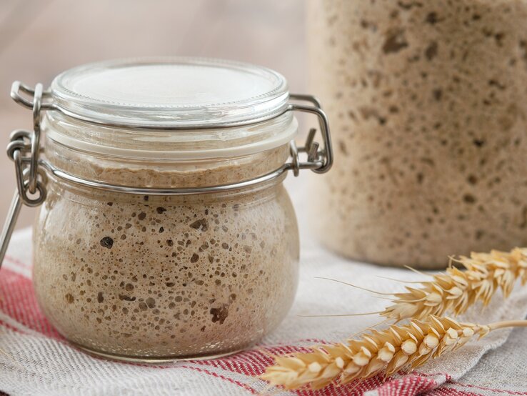 Brot selbst backen spart Geld. Bleibt Sauerteig übrig, kann man ihn haltbar machen. Spart noch mehr Geld! Frontal: Zwei Gläser mit einem großporigem Sauerteig auf einem Küchenhandtuch. So geht Sauerteig haltbar machen.