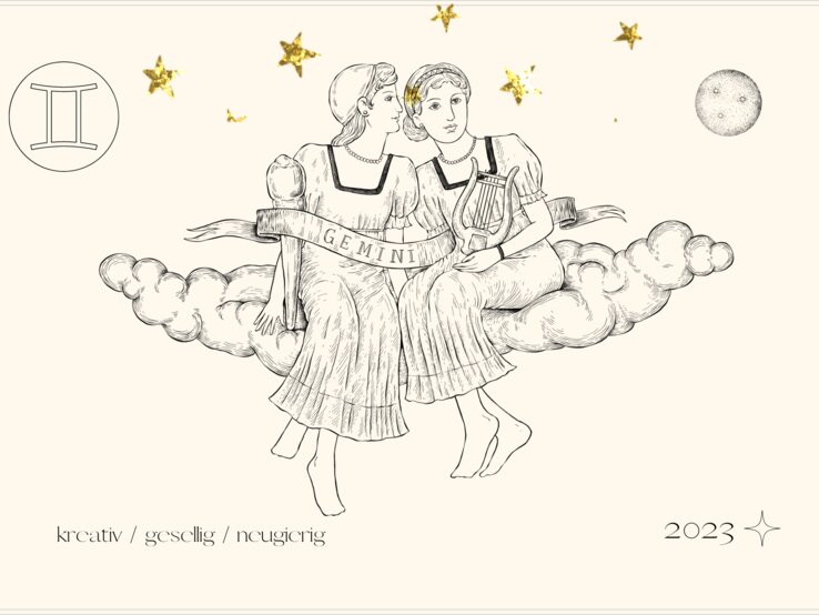 jahreshoroskop_sternzeichen_zwillinge.jpg Jahreshoroskop Zwillinge: Astrologisches Symbol des Sternzeichens Zwillinge vor pastellgelbem Hintergrund.