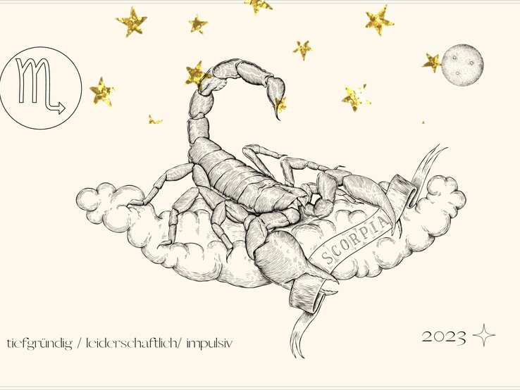 Jahreshoroskop Skorpion: Astrologisches Symbol des Sternzeichens Skorpion vor pastellgelbem Hintergrund.