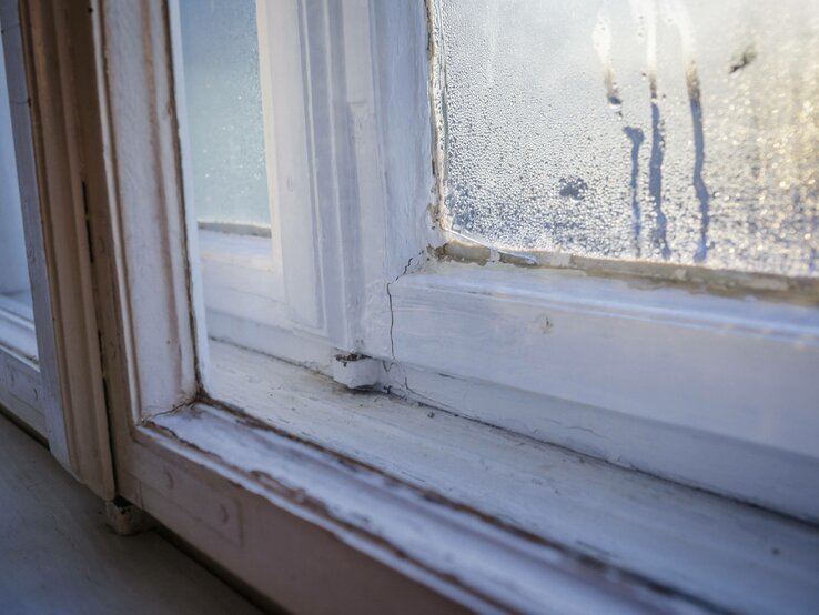 Close-up von einer Ecke der Fensterscheibe, in der sich Kondenswasser gebildet hat und die Scheibe hinunterläuft.