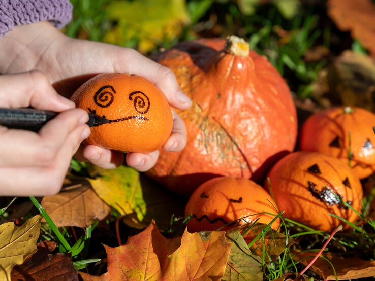 Kindliche Hände basteln Halloween Deko im herbstlichen Garten mit Clementinen, Kürbis und bunten Blättern.