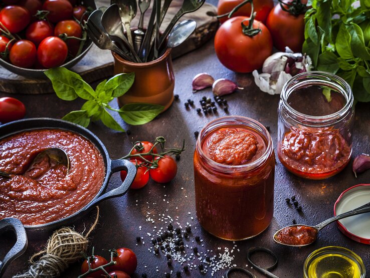 Fertige-Tomatensosse-aufwerten Rustikale Umgebung mit verschiedenen Zutaten zum kochen einer Tomatensoße.