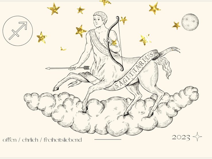 Jahreshoroskop Schütze: Astrologisches Symbol des Sternzeichens Schütze vor pastellgelbem Hintergrund.