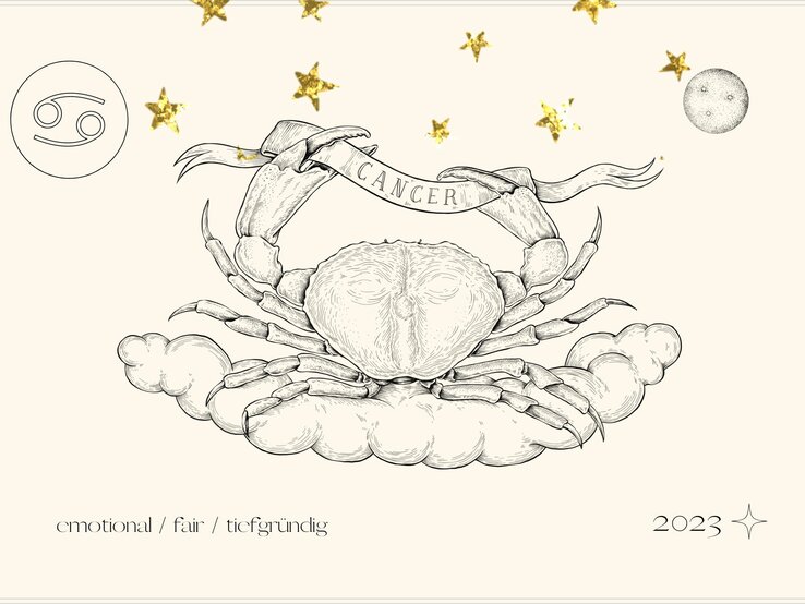 jahreshoroskop_sternzeichen_krebs.jpg Jahreshoroskop Krebs: Astrologisches Symbol des Sternzeichens Krebs vor pastellgelbem Hintergrund.