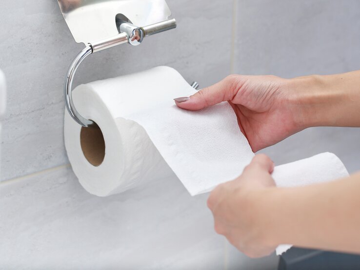 Eine Rolle Toilettenpapier im Halter an der Wand.