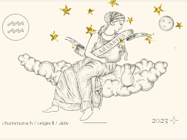 jahreshoroskop_sternzeichen_wassermann.jpg Jahreshoroskop Wassermann: Astrologisches Symbol des Sternzeichens Wassermann vor pastellgelbem Hintergrund.