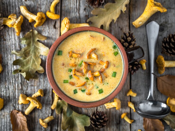 Genießen wie im Urlaub: eine einfache Kartoffelsuppe mit Pfifferlingen Aus der Vogelperspektive: eine Schüssel Kartoffelsuppe mit Pfifferlingen stehtauf einem Untergund aus Holz. Drumherum liegen Blätter, Tannenzapfen und frische Pfifferling sowie eine Suppenkelle.