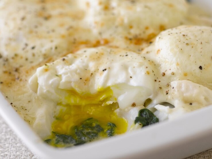 In einer Form ist mit Ei überbackene Fischfilets angerichtet. Es ist mit Ei und Käse überbacken.