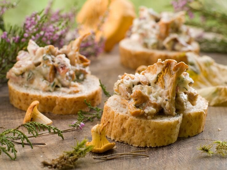 3 Pfifferling-Frischkäse-Toasts auf Baguette, drumherum Blüten und Baumnadeln sowie frische Pfifferlinge.