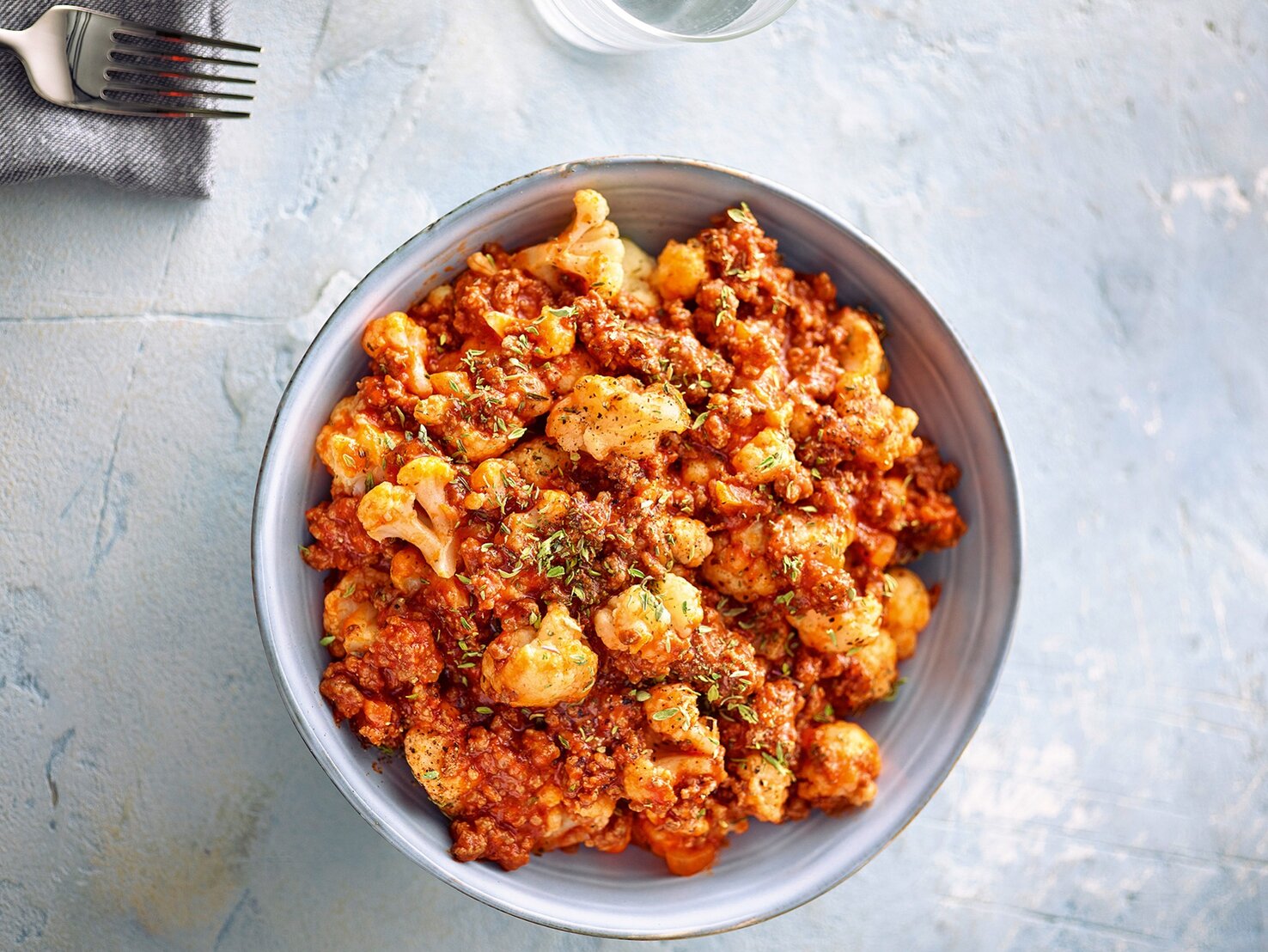Blumenkohl in schneller Bolognese all’arrabbiata: Low-Carb!