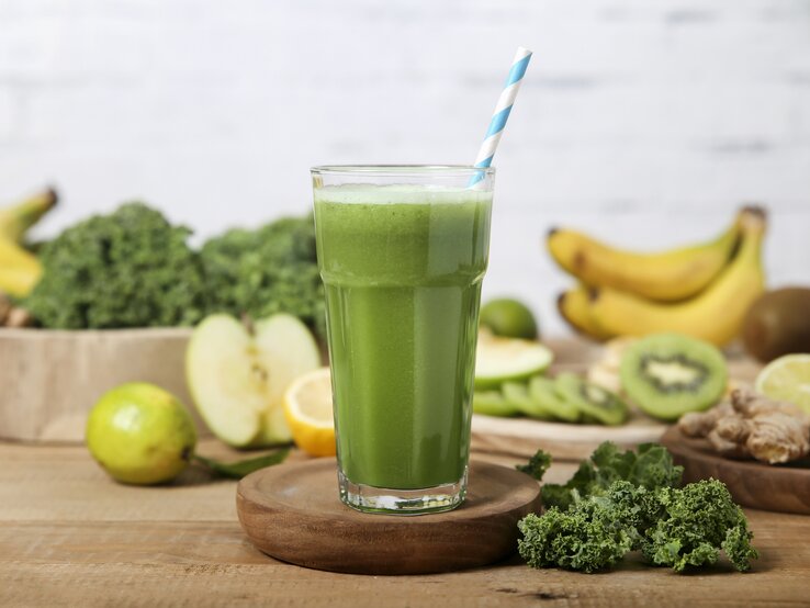 Ein Grünkohl-Smoothie in einem hohen Glas mit einem gestreiften Stohhalm. Im Hintergrund liegen Bananen, Äpfel, Grünkohl, Kiwis und Ingwer.