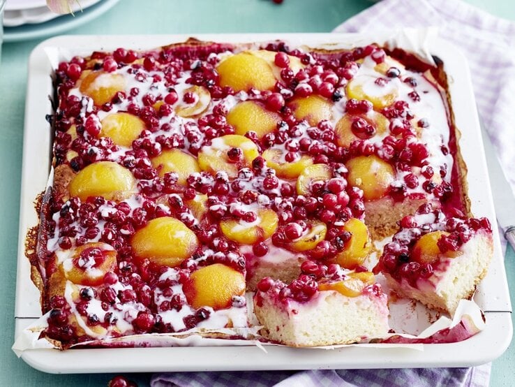 Auf einem Blech liegt ein Johannisbeer-Aprikosen-Blechkuchen. Er ist mit Soße und Guss überzogen und mit Johannisbeeren und Aprikosen belegt.