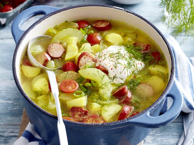 Schmorgurken-Kabanossi-Eintopf In einem Topf ist eine Portion Schmorgurken-Kabanossi-Eintopf angerichtet. Sie ist mit Dill und saurer Sauce serviert.