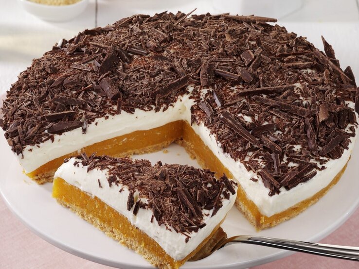 Auf einem Teller liegt eine Aprikosen-Joghurt-Torte ohne Backen. Sie ist mit Schokoraspeln bestreut.