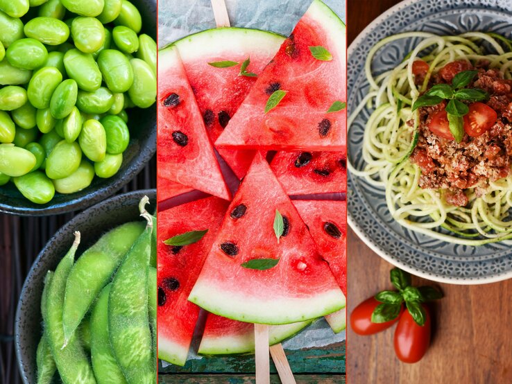 Lebensmittel, bei denen man getrost zugreifen kann sind z.B. Edamame, Melone und Zucchininudeln (Zoodles)