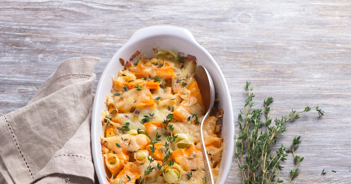 Vegetarischer Kürbisauflauf mit Lauch &amp; Thymian: Low Carb!
