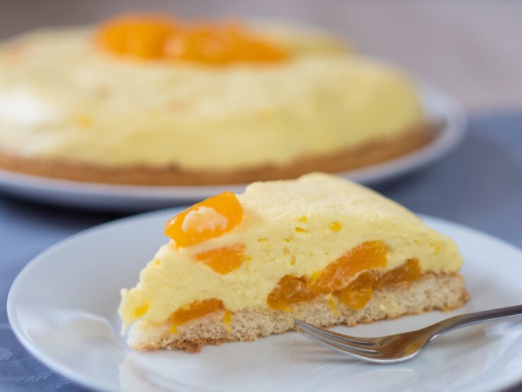 Ein angeschnittenes Stück Schüttelkuchen mit Mandarinen auf einem weißen Teller. 