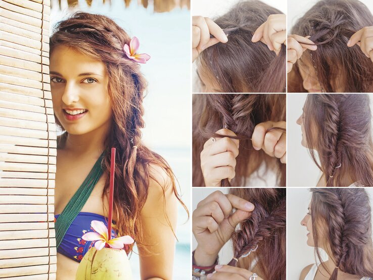 Collage und Anleitung einer Sommerfrisur mit Blume und geflochtenem Haar | © iStock / LiudmylaSupynska