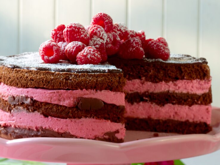 Schokoladentorte mit pinker Himbeercreme und frischen Früchten auf rosa Platte.
