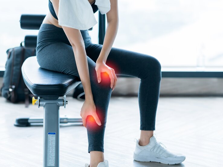Eine Frau in sportlicher Kleidung sitzt auf einem Trainingsgerät und hält ihr Knie, welches digital rot hervorgehoben ist, um Schmerzen zu symbolisieren. Sie trägt ein weißes Handtuch über der Schulter.