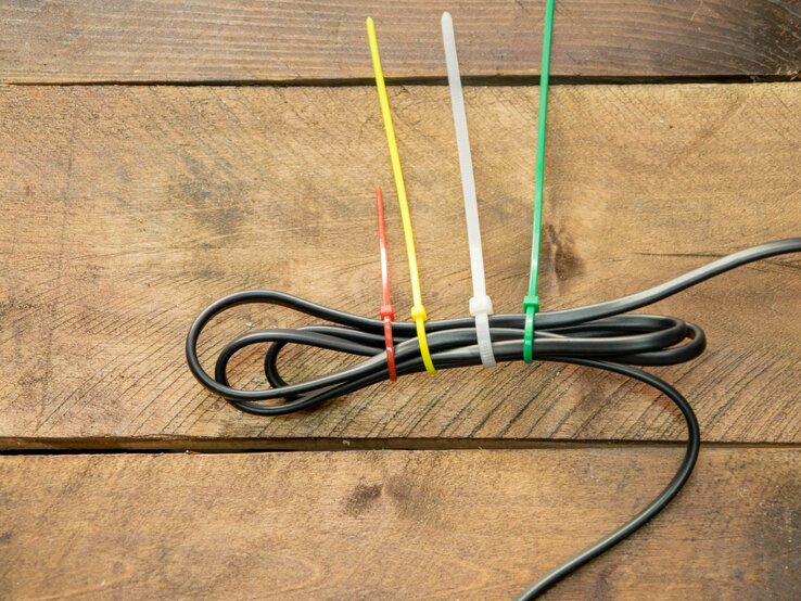 Ein mehr fach gewickeltes Kabel mit vier Kabelbindern verschlossen. | © iStock.com / missphotoss