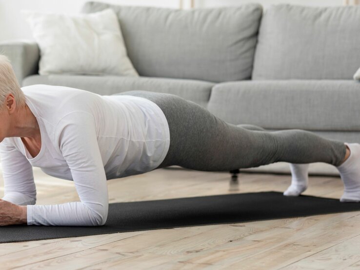 Ältere Frau, die eine Plank-Übung macht. Sie trägt ein weißes Langarmshirt, graue Leggings und weiße Socken. Die Person befindet sich in einer horizontalen Position mit dem Körper gerade und gestreckt, gestützt auf die Unterarme und Zehen. Im Hintergrund ein Wohnzimmer mit Sofa und neutralem Farbschema.