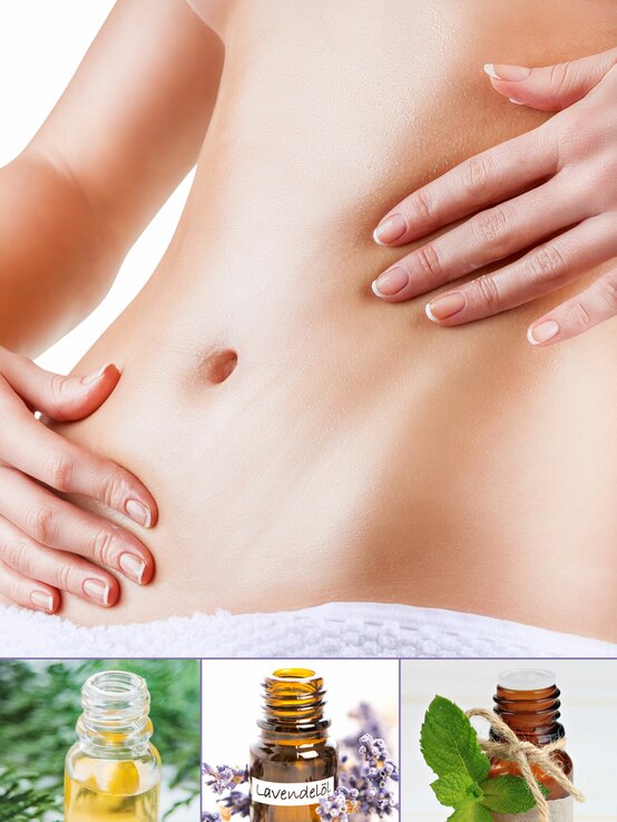 Bauchmassage mit ätherischen Ölen, wie z.B. Lavendel-, Zypressen- und Pffefferminzöl | © iStock, Shutterstock [M]